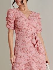 Jolie Moi Pink Print Metallic Textured Chiffon Midi Dress - Image 3 of 6