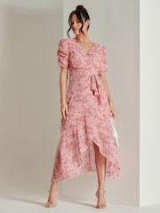 Jolie Moi Pink Print Metallic Textured Chiffon Midi Dress - Image 5 of 6