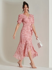 Jolie Moi Pink Print Metallic Textured Chiffon Midi Dress - Image 6 of 6