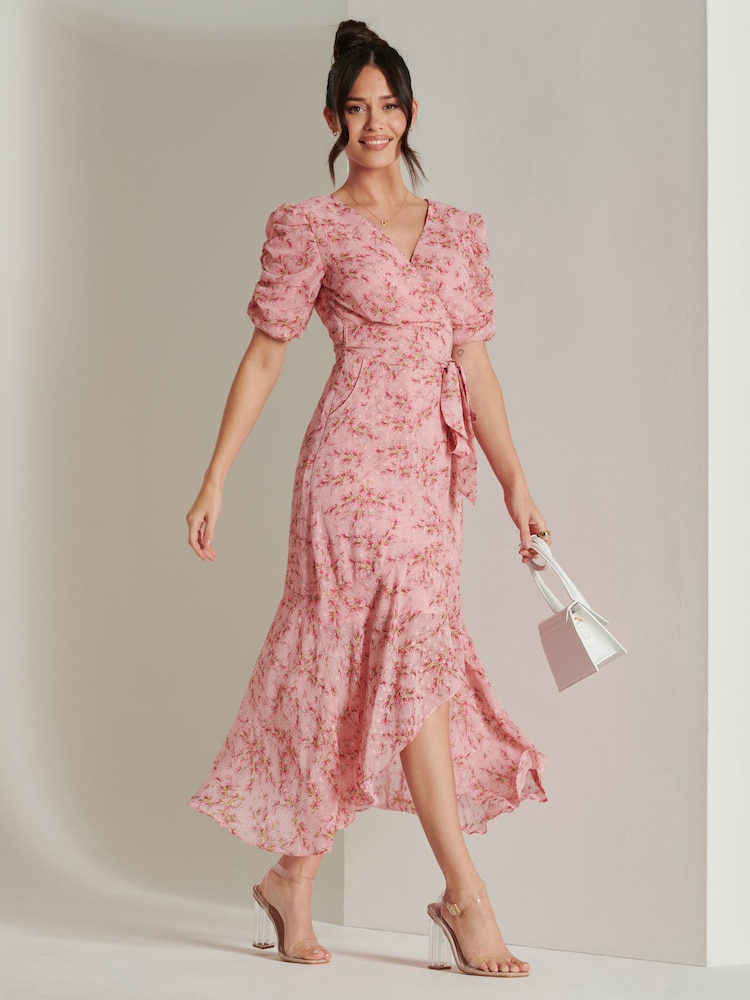 Jolie Moi Pink Print Metallic Textured Chiffon Midi Dress - Image 6 of 6