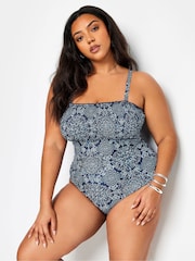 Yours Curve Blue Boho Print Shirred Tummy Control Swimsuit - Image 1 of 4