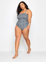 Yours Curve Blue Boho Print Shirred Tummy Control Swimsuit - Image 2 of 4