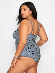 Yours Curve Blue Boho Print Shirred Tummy Control Swimsuit - Image 3 of 4