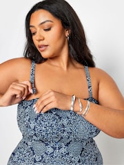 Yours Curve Blue Boho Print Shirred Tummy Control Swimsuit - Image 4 of 4