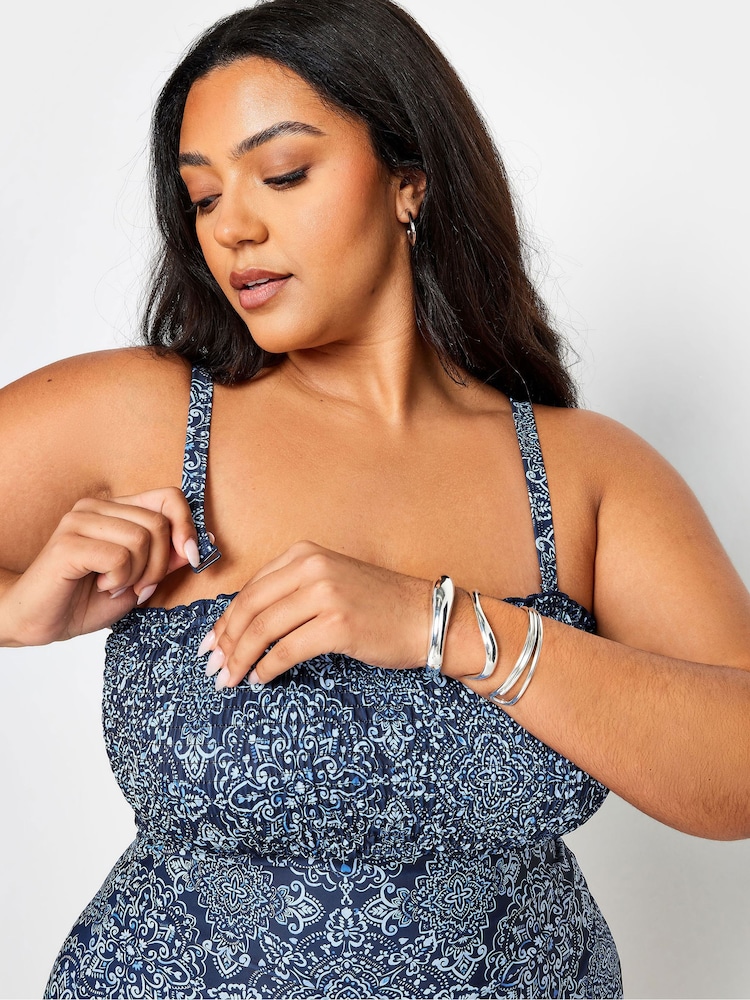 Yours Curve Blue Boho Print Shirred Tummy Control Swimsuit - Image 4 of 4
