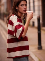 Red/Grey Stripe Oversized Relaxed Fit Boxy Heavyweight Crew Neck T-Shirt - Image 1 of 6