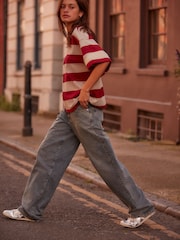 Red/Grey Stripe Oversized Relaxed Fit Boxy Heavyweight Crew Neck T-Shirt - Image 2 of 6