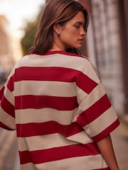 Red/Grey Stripe Oversized Relaxed Fit Boxy Heavyweight Crew Neck T-Shirt - Image 3 of 6