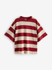 Red/Grey Stripe Oversized Relaxed Fit Boxy Heavyweight Crew Neck T-Shirt - Image 5 of 6