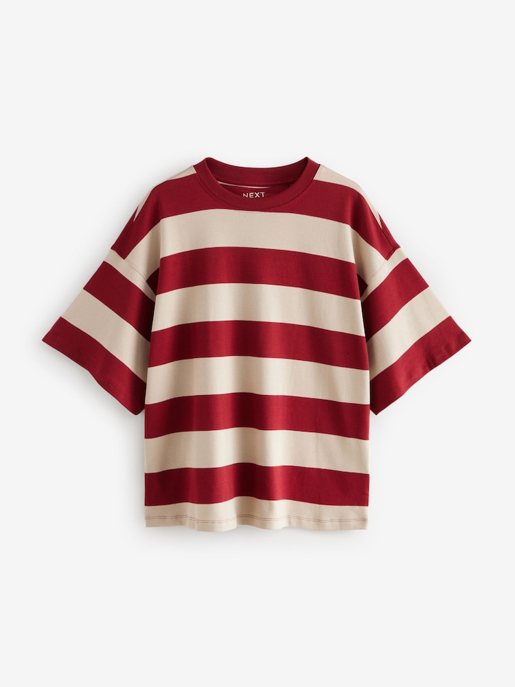 Rood/grijs gestreept - Oversized Relaxed Fit Boxy Heavyweight Crew Neck T-Shirt - Image 5 of 6