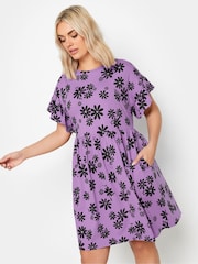 Yours Curve Purple 100% Cotton Daisy Print Frill Sleeve Smock Tunic Dress - Image 1 of 5