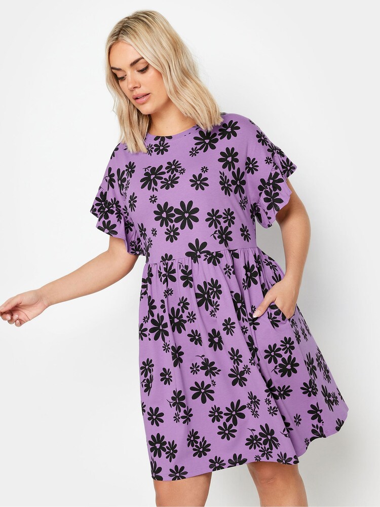 Yours Curve Purple 100% Cotton Daisy Print Frill Sleeve Smock Tunic Dress - Image 1 of 5