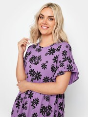 Yours Curve Purple 100% Cotton Daisy Print Frill Sleeve Smock Tunic Dress - Image 4 of 5