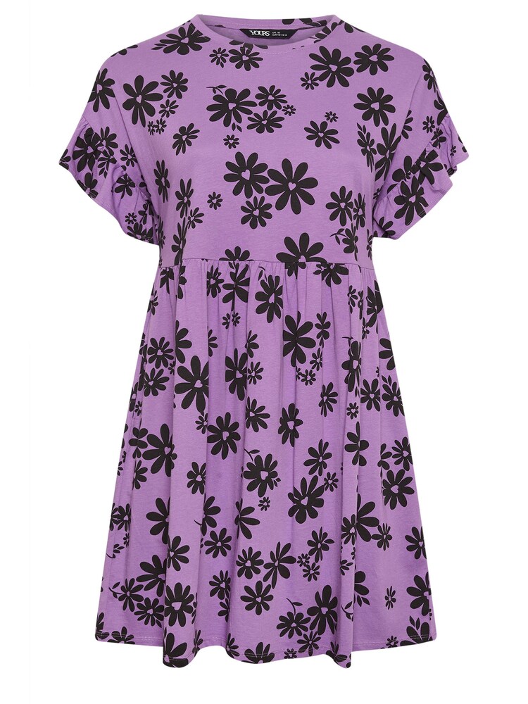 Yours Curve Purple 100% Cotton Daisy Print Frill Sleeve Smock Tunic Dress - Image 5 of 5