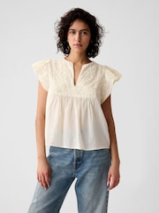 Gap Cream Crinkle Gauze Embroidered Cropped Shirt - Image 1 of 5