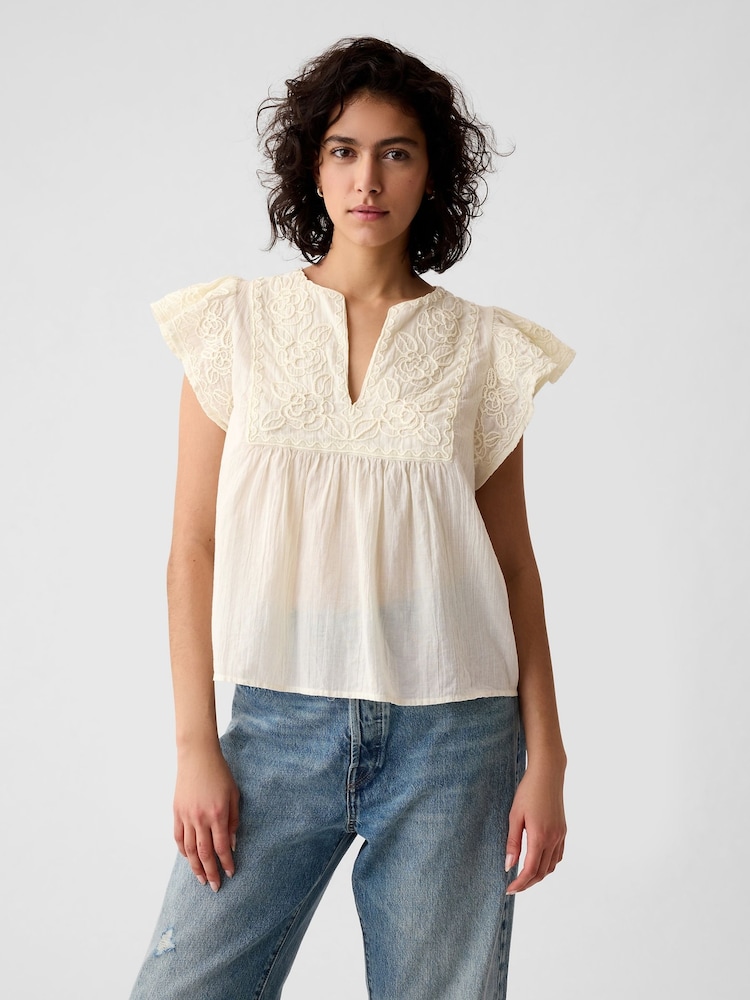 Gap Cream Crinkle Gauze Embroidered Cropped Shirt - Image 1 of 5 Gap Cream Crinkle Gauze Embroidered Cropped Shirt - Image 1 of 5