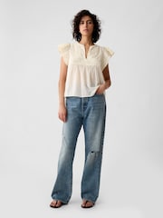 Gap Cream Crinkle Gauze Embroidered Cropped Shirt - Image 3 of 5