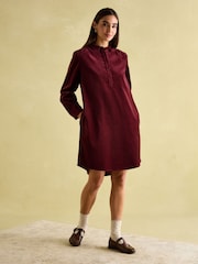 Joules Velvet Marlowe Red Nehru Collar Shirt Dress - Image 1 of 8