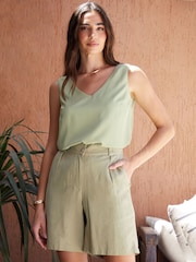 Threadbare Green Relaxed Fit Linen Blend Longline Shorts - Image 3 of 4