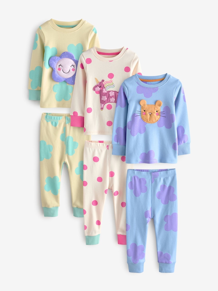 Pastel Cat/ Unicorn/ Flower Long Sleeve Snuggle Pyjamas 3 Pack (9mths-16yrs) - Image 6 of 11