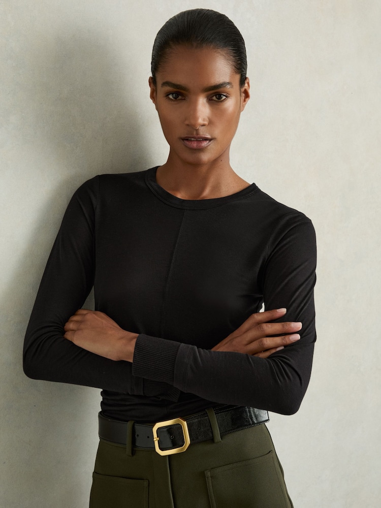 Reiss Black Sierra Ruched Side Crew-Neck Top - Image 1 of 6