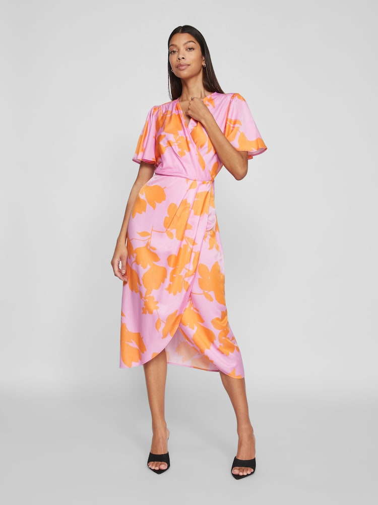 VILA Pink Flutter Sleeve Wrap Dress - Image 1 of 3 VILA Pink Flutter Sleeve Wrap Dress - Image 1 of 3