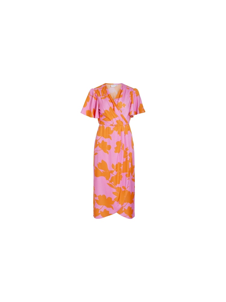 VILA Pink Flutter Sleeve Wrap Dress - Image 2 of 3 VILA Pink Flutter Sleeve Wrap Dress - Image 2 of 3