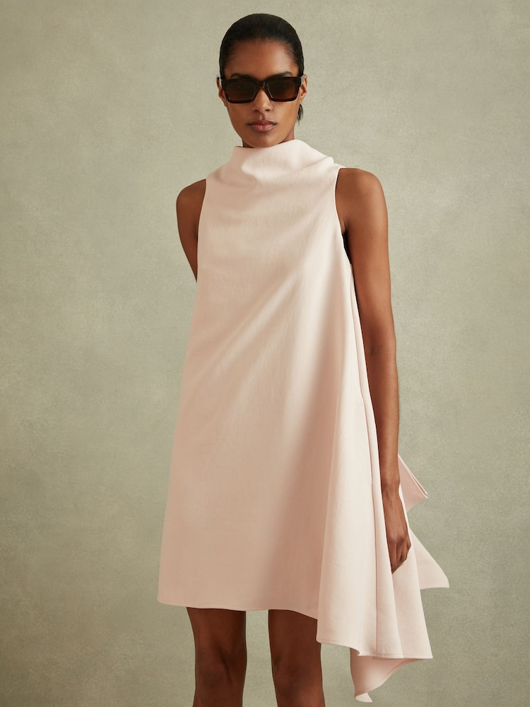 Reiss Nude Shauna High-Neck Drape Back Mini Dress - Image 4 of 6