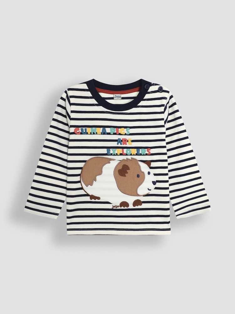 JoJo Maman Bébé Ecru Navy Stripe Guinea Pig Appliqué Top - Image 1 of 3 JoJo Maman Bébé Ecru Navy Stripe Guinea Pig Appliqué Top - Image 1 of 3