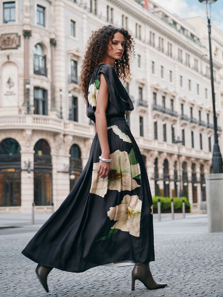 Multi Floral Print Kew Collection Satin Pleated Maxi Skirt - Image 1 of 5