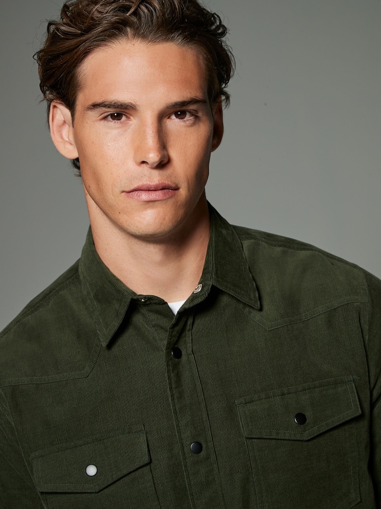 Dark Green Cord Twin Pocket Western Long Sleeve 100% Cotton Shirt - Image 1 of 5
