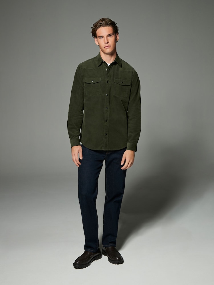 Dark Green Cord Twin Pocket Western Long Sleeve 100% Cotton Shirt - Image 2 of 5