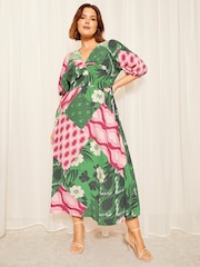 Curves Like These Green Twist Front Puff Sleeve Midi Dress - Image 1 of 4