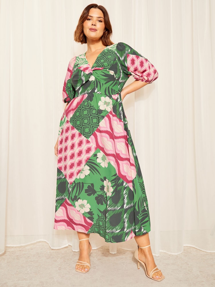 Curves Like These Green Twist Front Puff Sleeve Midi Dress - Image 1 of 4