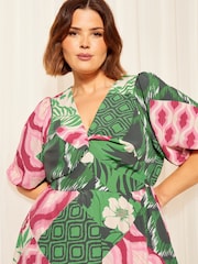 Curves Like These Green Twist Front Puff Sleeve Midi Dress - Image 2 of 4