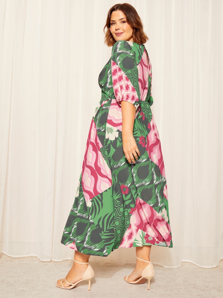 Curves Like These Green Twist Front Puff Sleeve Midi Dress - Image 4 of 4