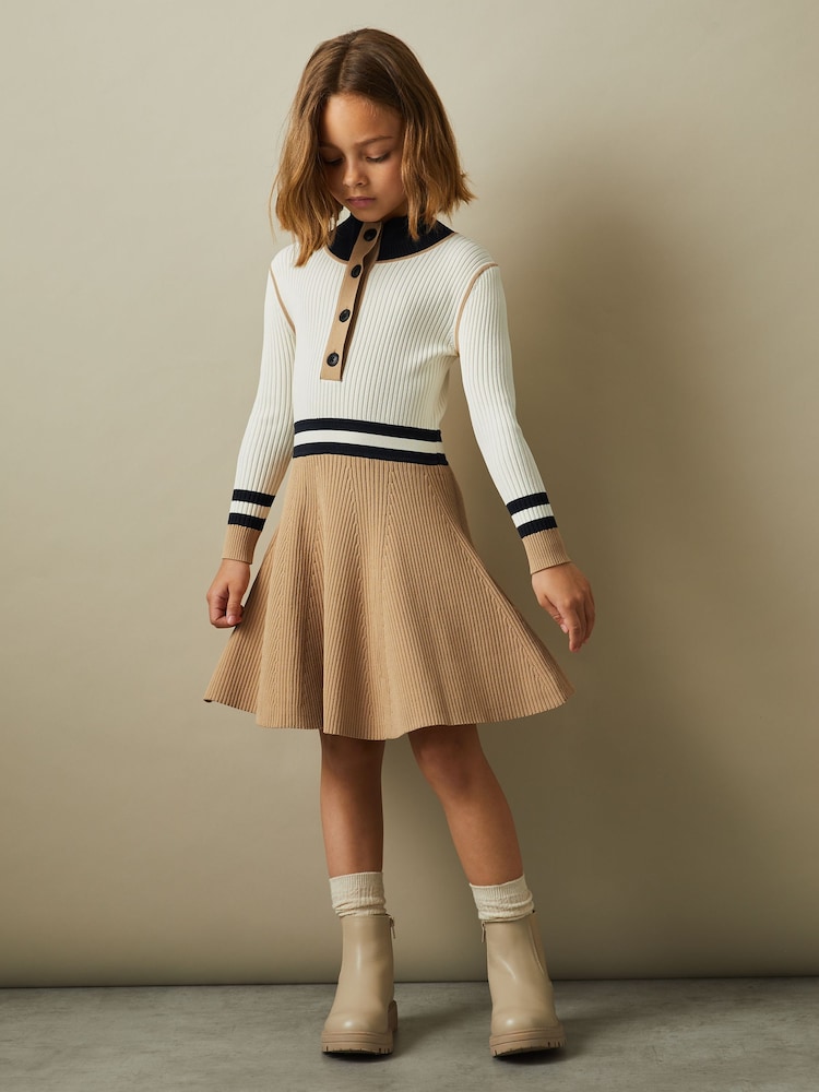Reiss Camel Vera 13-14 yrs Knitted Button-Through Funnel Neck Dress - Image 2 of 4