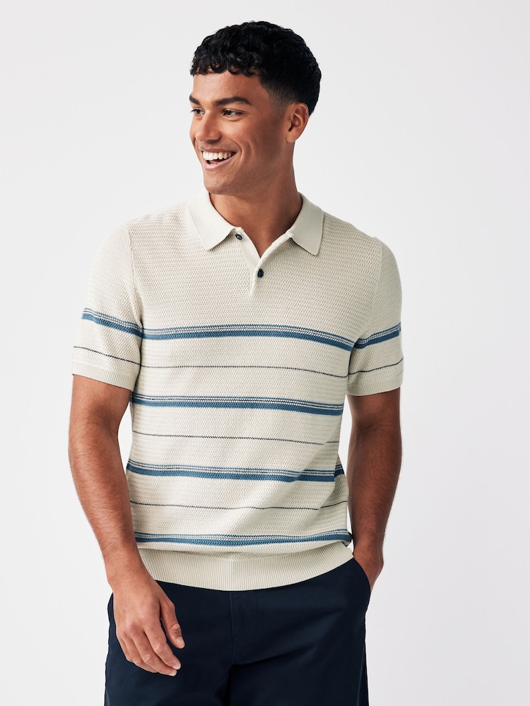 JACK & JONES Cream Textured Knitted Stripe Polo Top - Image 1 of 4