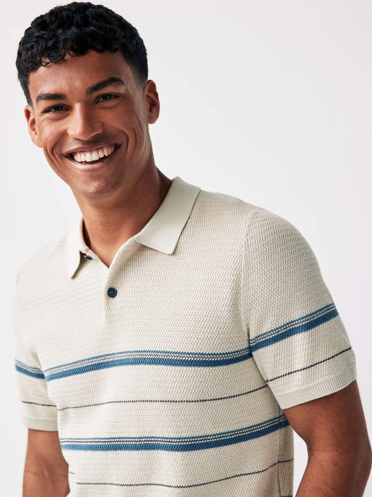 JACK & JONES Cream Textured Knitted Stripe Polo Top - Image 3 of 4
