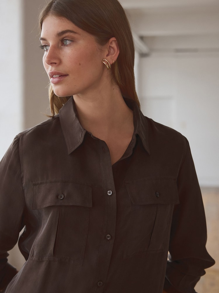 Chocolate Brown Premium Cupro Blend Long Sleeve Shirt - Image 1 of 6