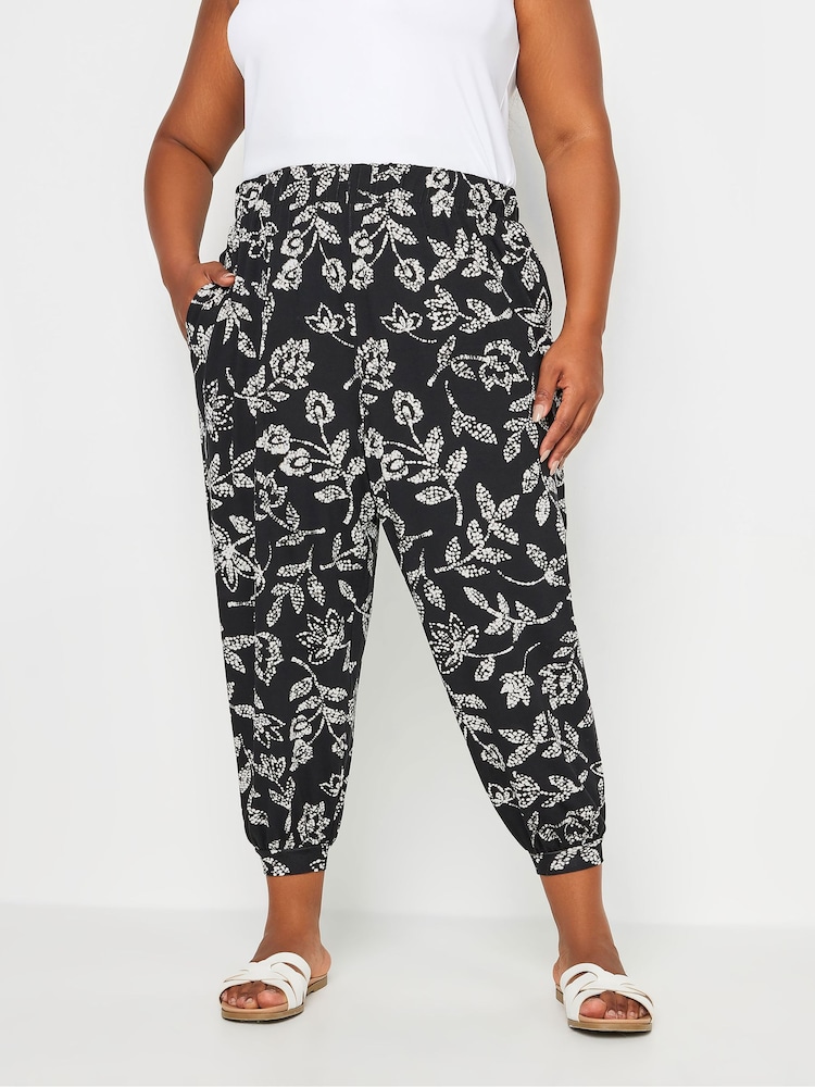 Yours Curve Black Vine Print Cropped Harem Trousers - Image 1 of 5