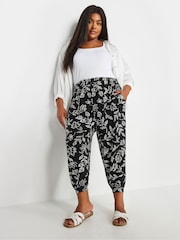 Yours Curve Black Vine Print Cropped Harem Trousers - Image 2 of 5