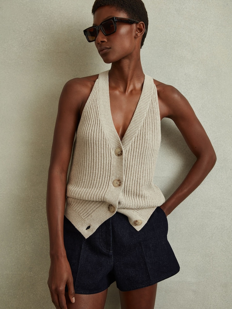 Reiss Dark Blue Maya High-Rise Denim Suit Shorts - Image 1 of 6
