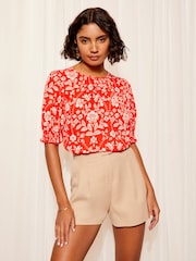 Friends Like These Red Floral Round Neck Shirred Cuff Shorts Sleeve Top - Image 1 of 4