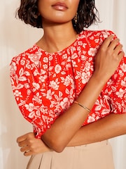 Friends Like These Red Floral Round Neck Shirred Cuff Shorts Sleeve Top - Image 3 of 4