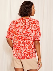 Friends Like These Red Floral Round Neck Shirred Cuff Shorts Sleeve Top - Image 4 of 4