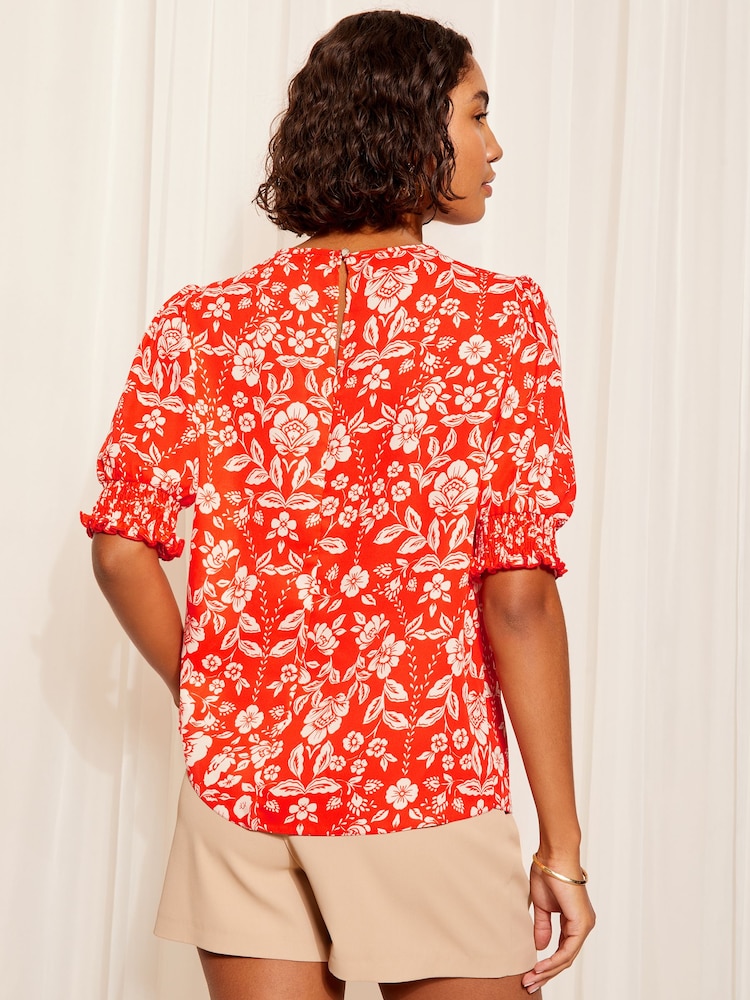 Friends Like These Red Floral Round Neck Shirred Cuff Shorts Sleeve Top - Image 4 of 4