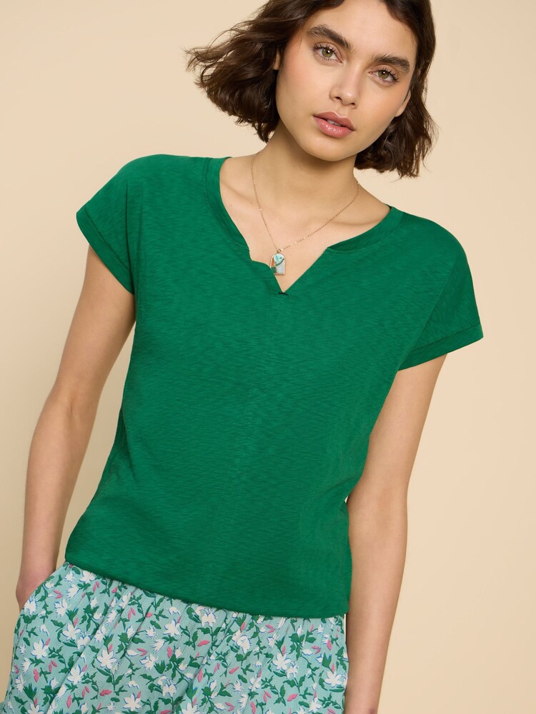 White Stuff Green Nelly Notch Neck 100% Cotton T-Shirt - Image 1 of 7 White Stuff Green Nelly Notch Neck 100% Cotton T-Shirt - Image 1 of 7
