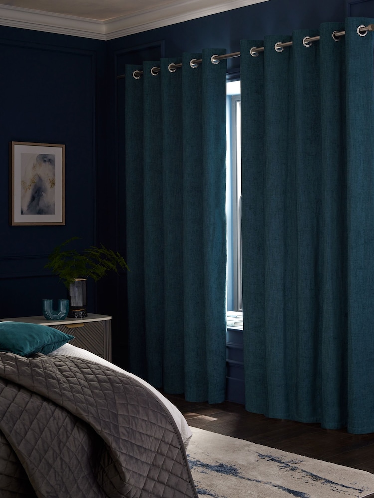 Teal Blue Matte Chenille Blackout/Thermal Eyelet Curtains - Image 3 of 6