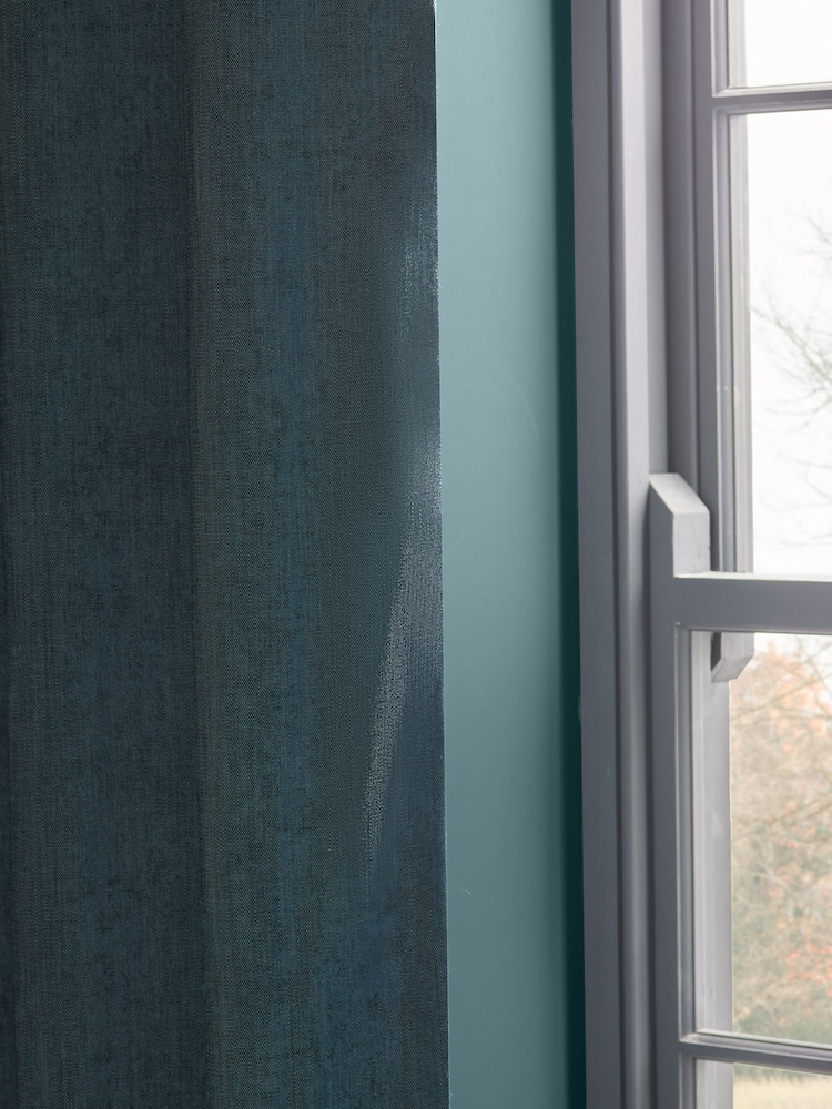 Teal Blue Matte Chenille Blackout/Thermal Eyelet Curtains - Image 4 of 6